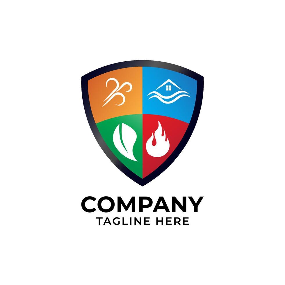 modèle de conception de logo d'entreprise environnementale isolé sur fond blanc. illustration vectorielle de bouclier avec quatre éléments de vie. terre, eau, feu et air. thème de couleur rouge vert bleu et orang vecteur