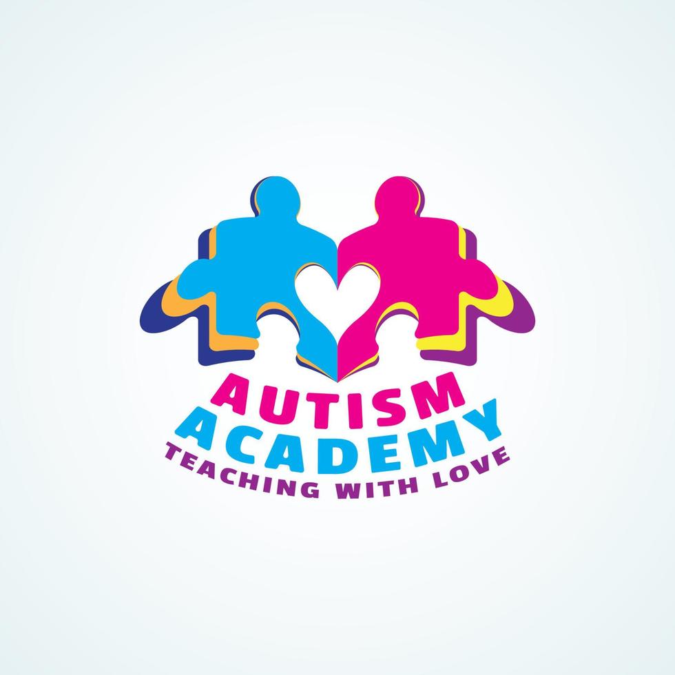 logo ludique pour l'académie de l'autisme. livre de puzzle coloré pour enfants en forme de coeur. slogan enseigner avec amour vecteur