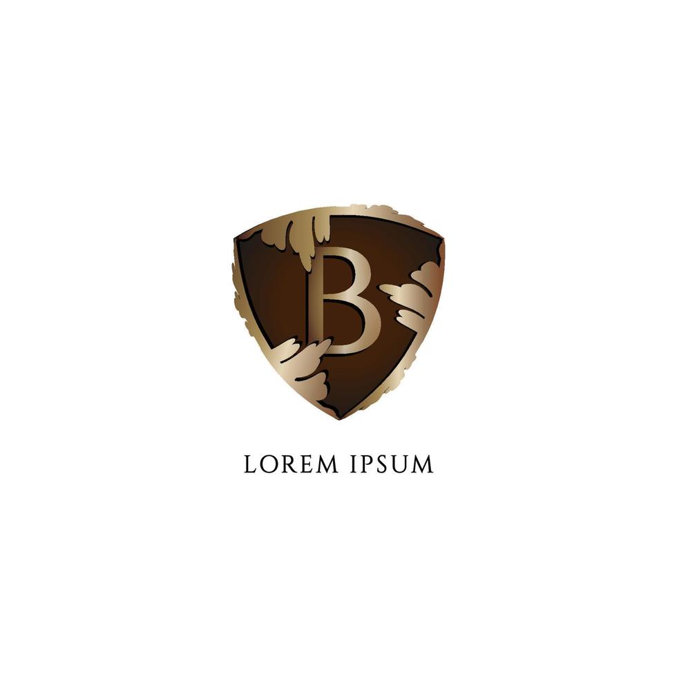 modèle de conception de logo alphabet lettre b. illustration de signe de bouclier d'or métallique décoratif de luxe. concept initial du logo abjad isolé sur fond blanc vecteur