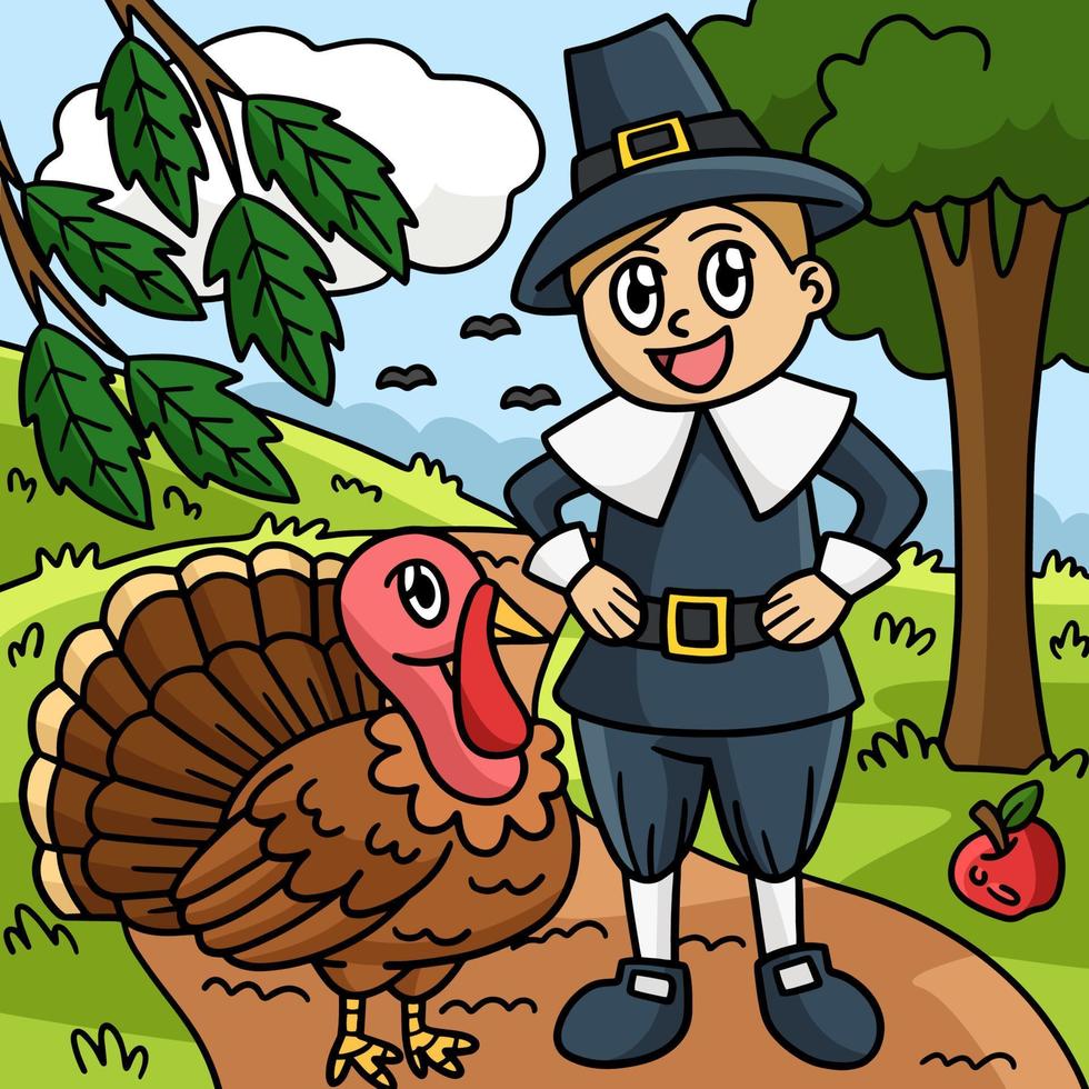 caricature colorée de garçon de pèlerin de thanksgiving vecteur