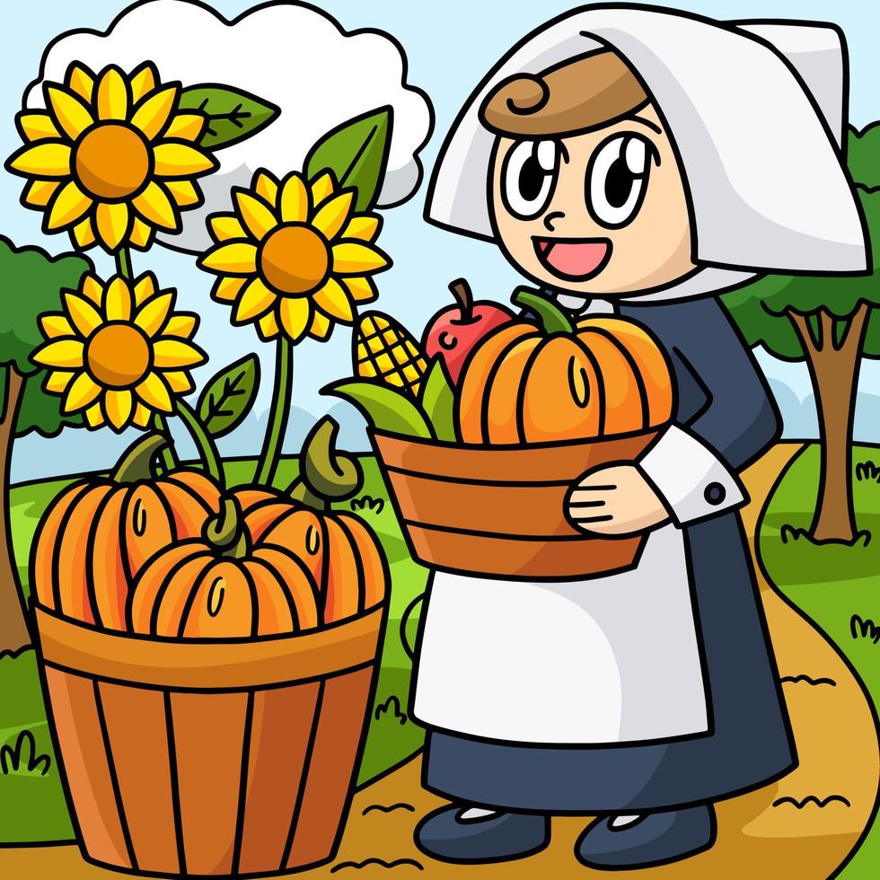 caricature colorée de fille de pèlerin de thanksgiving vecteur