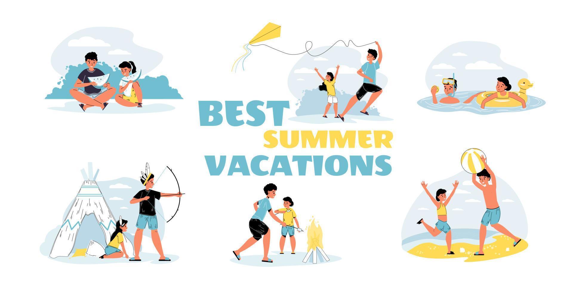 meilleures vacances d'été pour les enfants ensemble de scènes familiales vecteur