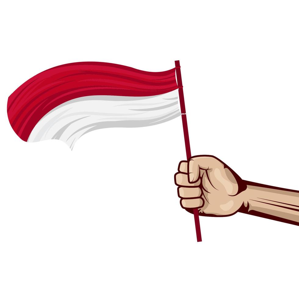 main tenant et agitant le drapeau national de l'indonésie. vecteur