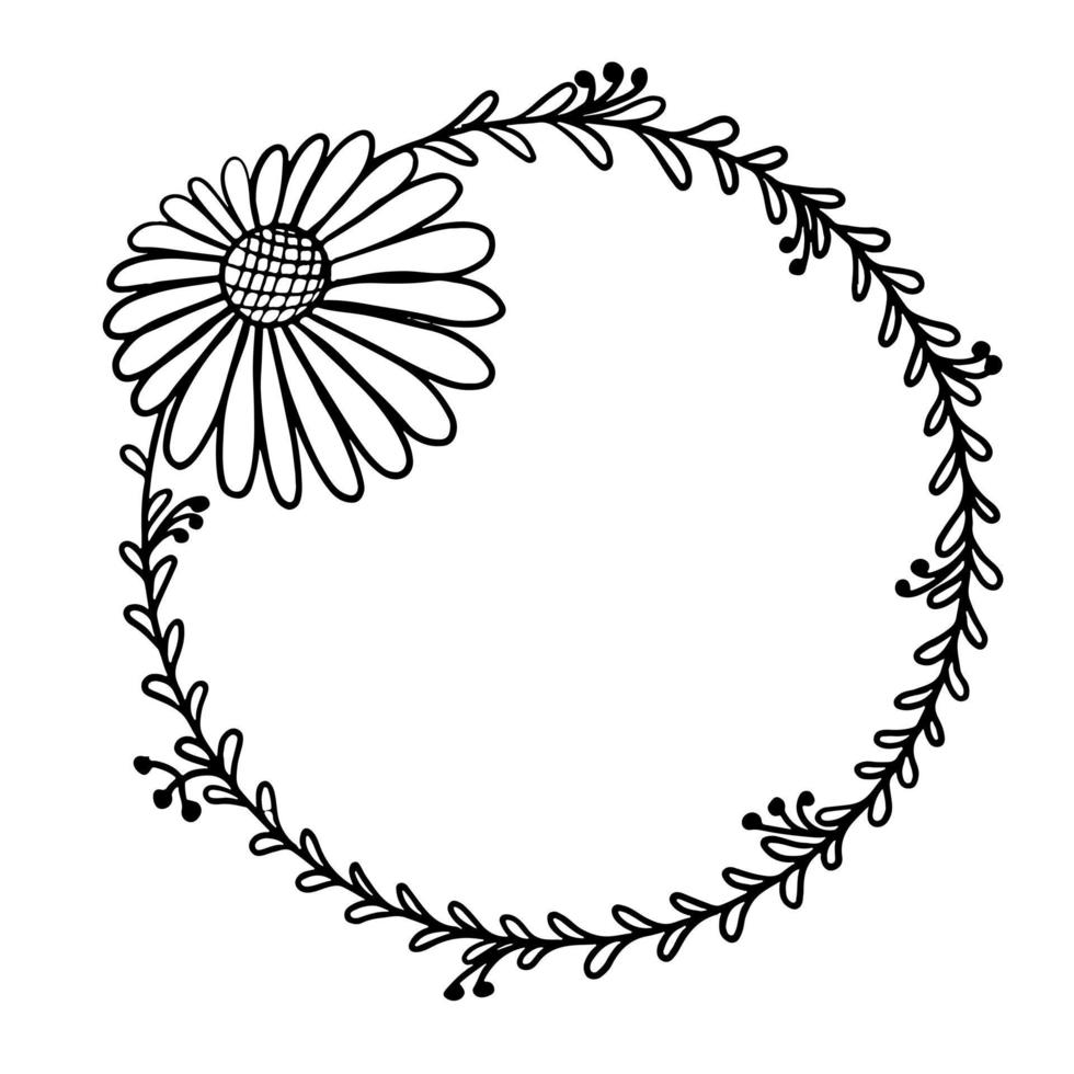 couronne de cercle floral dessiné à la main. couronne botanique dans le style de ligne. illustration vectorielle de griffonnage. vecteur