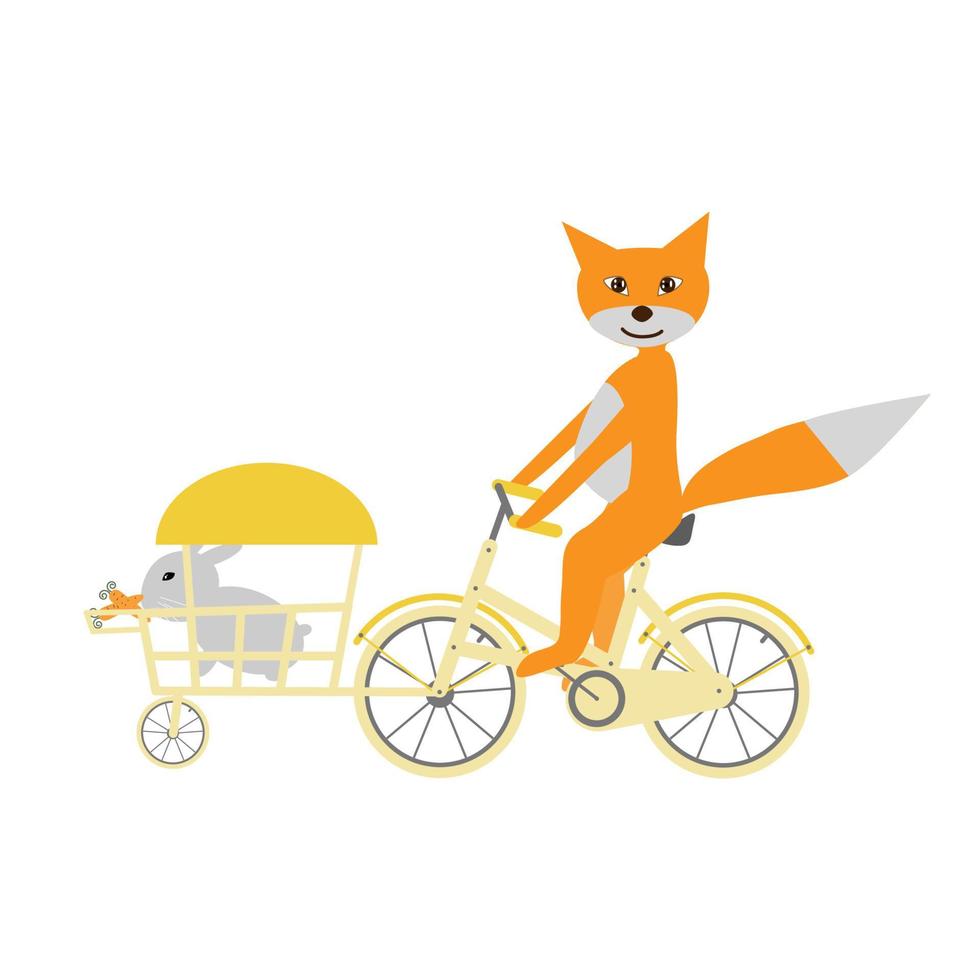 le renard orange faisant du vélo et livrant un lapin. illustration de stock de vecteur. vecteur