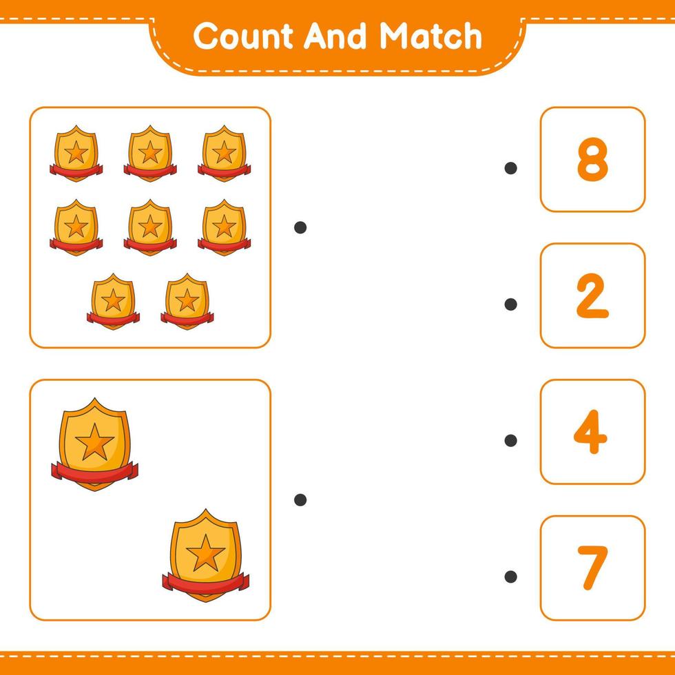 comptez et faites correspondre, comptez le nombre de trophées et faites correspondre les bons numéros. jeu éducatif pour enfants, feuille de calcul imprimable, illustration vectorielle vecteur