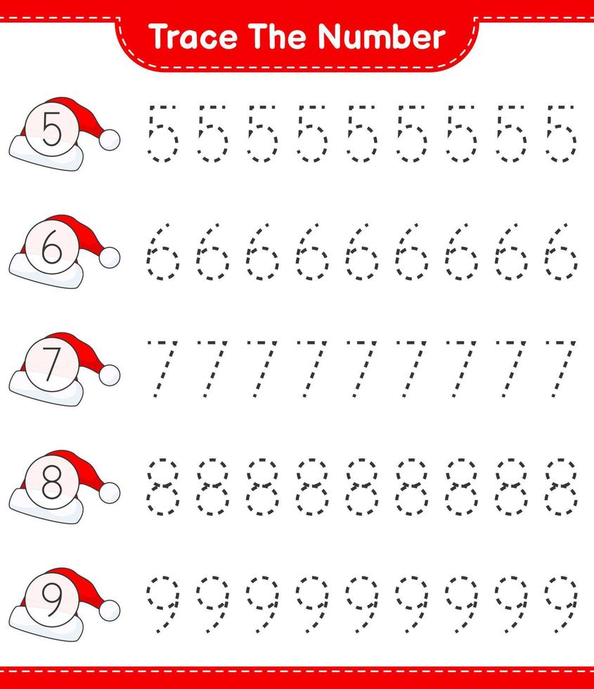 tracer le numéro. numéro de suivi avec bonnet de noel. jeu éducatif pour enfants, feuille de calcul imprimable, illustration vectorielle vecteur