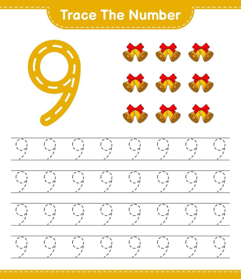 tracer le numéro. numéro de traçage avec cloche de noël. jeu éducatif pour enfants, feuille de calcul imprimable, illustration vectorielle vecteur