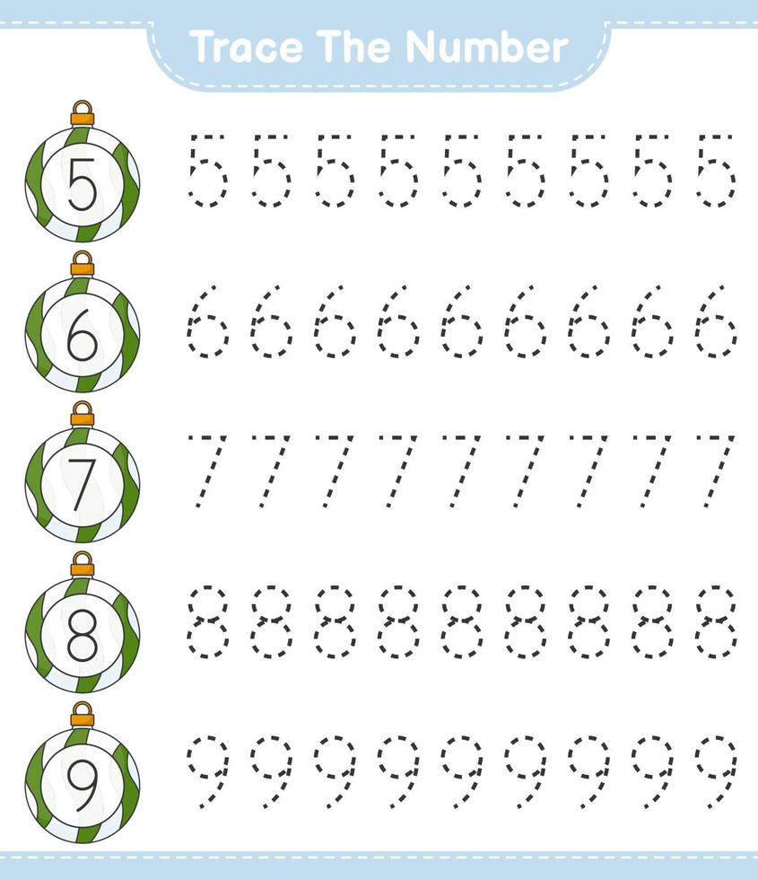 tracer le numéro. numéro de traçage avec boule de noël. jeu éducatif pour enfants, feuille de calcul imprimable, illustration vectorielle vecteur