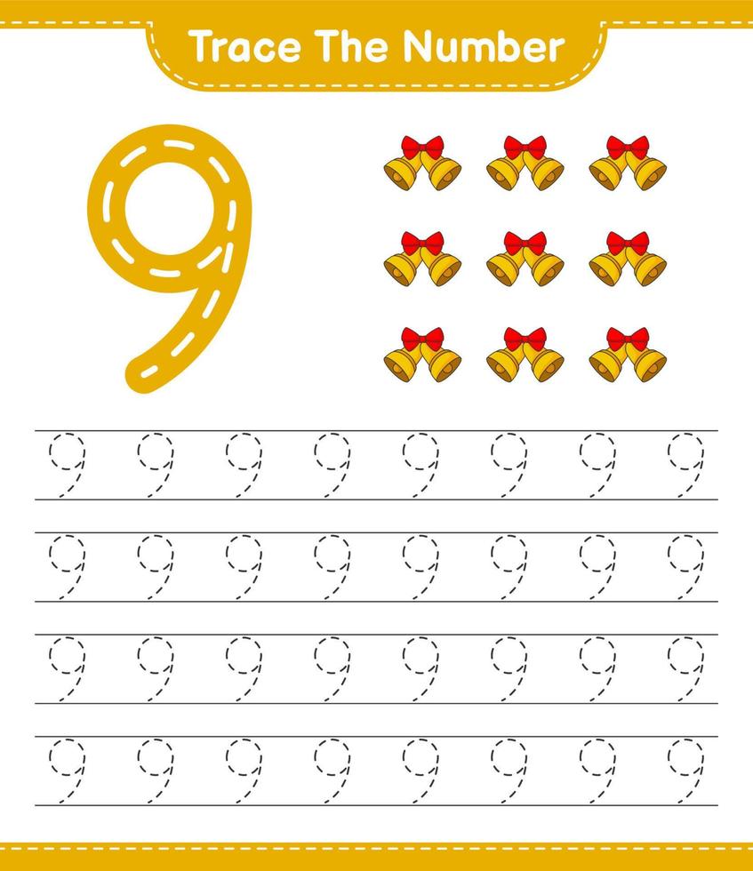 tracer le numéro. numéro de traçage avec cloche de noël. jeu éducatif pour enfants, feuille de calcul imprimable, illustration vectorielle vecteur