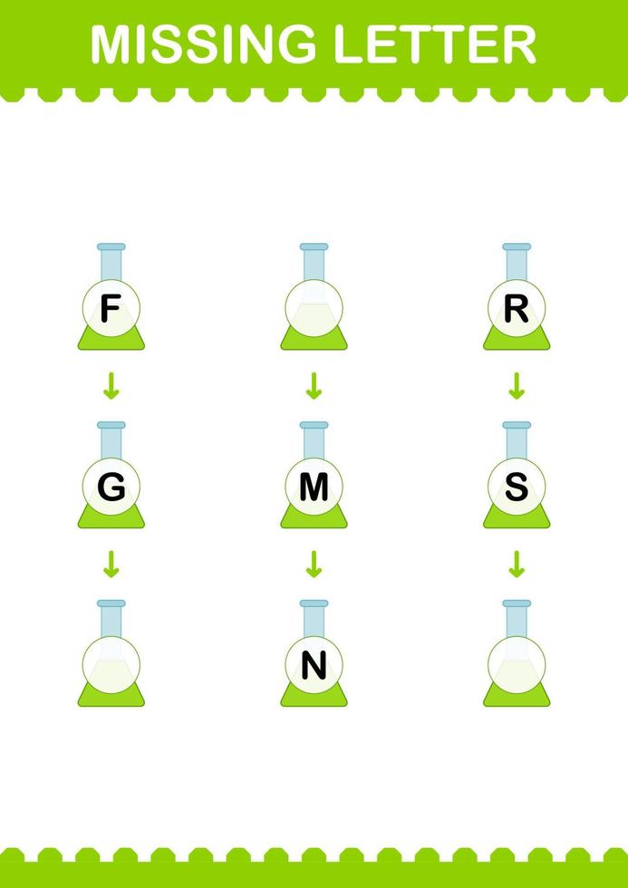 lettre manquante avec fiole erlenmeyer. feuille de travail pour les enfants vecteur