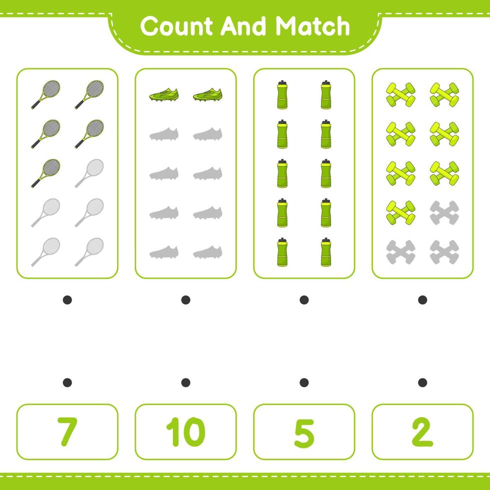 comptez et faites correspondre, comptez le nombre de bouteilles d'eau, de raquettes de tennis, de chaussures de football, d'haltères et faites correspondre les bons chiffres. jeu éducatif pour enfants, feuille de calcul imprimable, illustration vectorielle vecteur