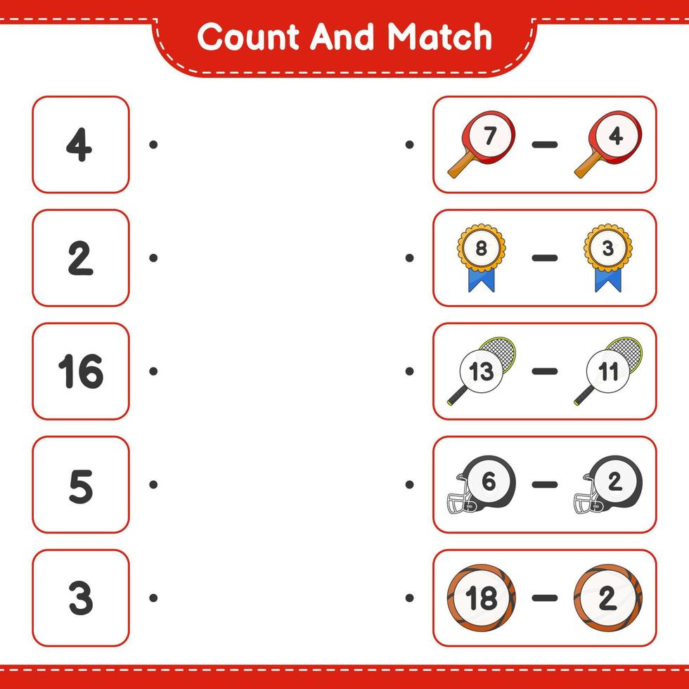 compter et matcher, compter le nombre de raquette, basket, trophée, casque et match avec les bons numéros. jeu éducatif pour enfants, feuille de calcul imprimable, illustration vectorielle vecteur