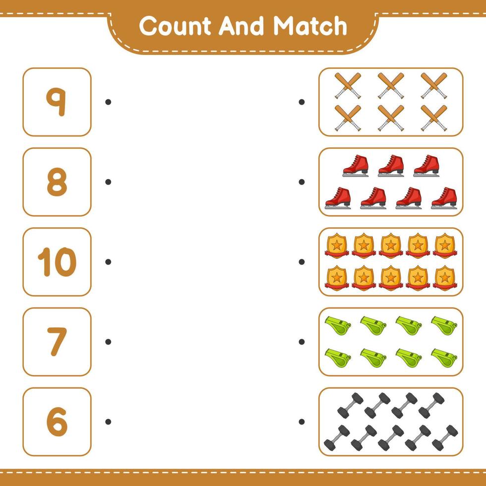 compter et faire correspondre, compter le nombre de patins à glace, sifflet, haltère, batte de baseball, trophée et match avec les bons numéros. jeu éducatif pour enfants, feuille de calcul imprimable, illustration vectorielle vecteur