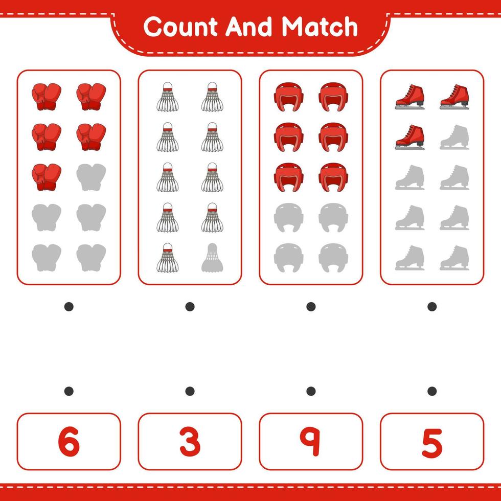 comptez et faites correspondre, comptez le nombre de gants de boxe, de volant, de casque de boxe, de patins à glace et faites correspondre les bons numéros. jeu éducatif pour enfants, feuille de calcul imprimable, illustration vectorielle vecteur