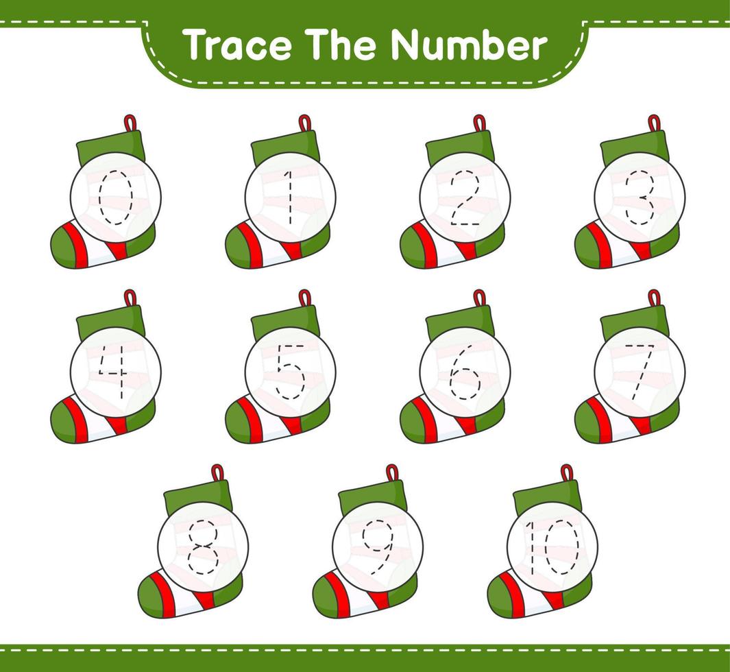 tracer le numéro. numéro de suivi avec chaussette de noël. jeu éducatif pour enfants, feuille de calcul imprimable, illustration vectorielle vecteur