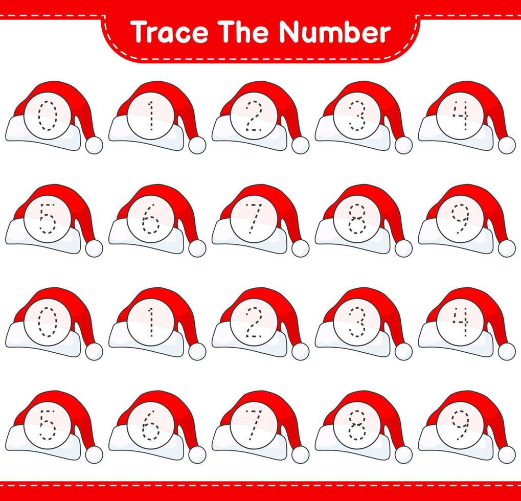 tracer le numéro. numéro de suivi avec bonnet de noel. jeu éducatif pour enfants, feuille de calcul imprimable, illustration vectorielle vecteur