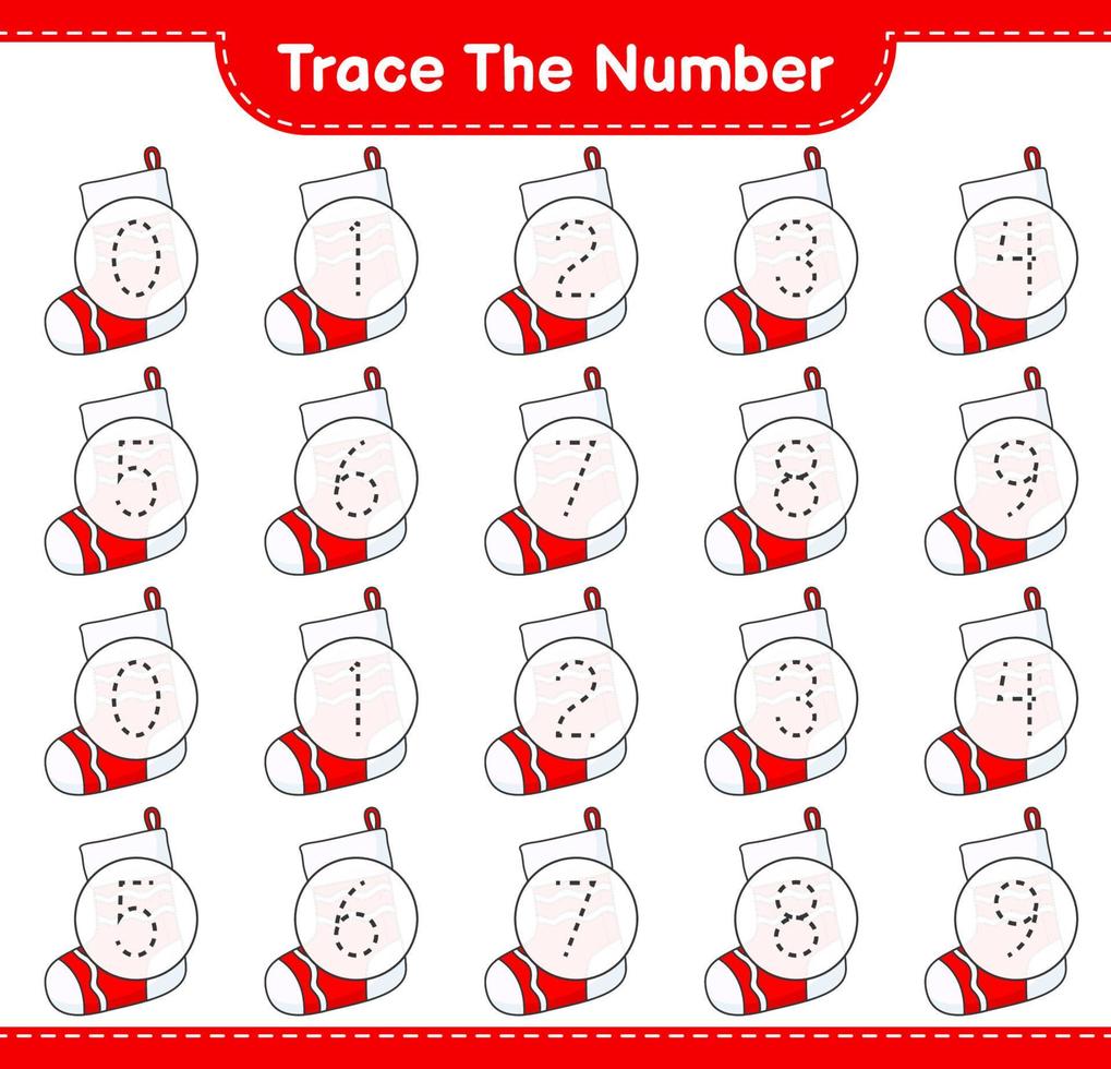 tracer le numéro. numéro de suivi avec chaussette de noël. jeu éducatif pour enfants, feuille de calcul imprimable, illustration vectorielle vecteur