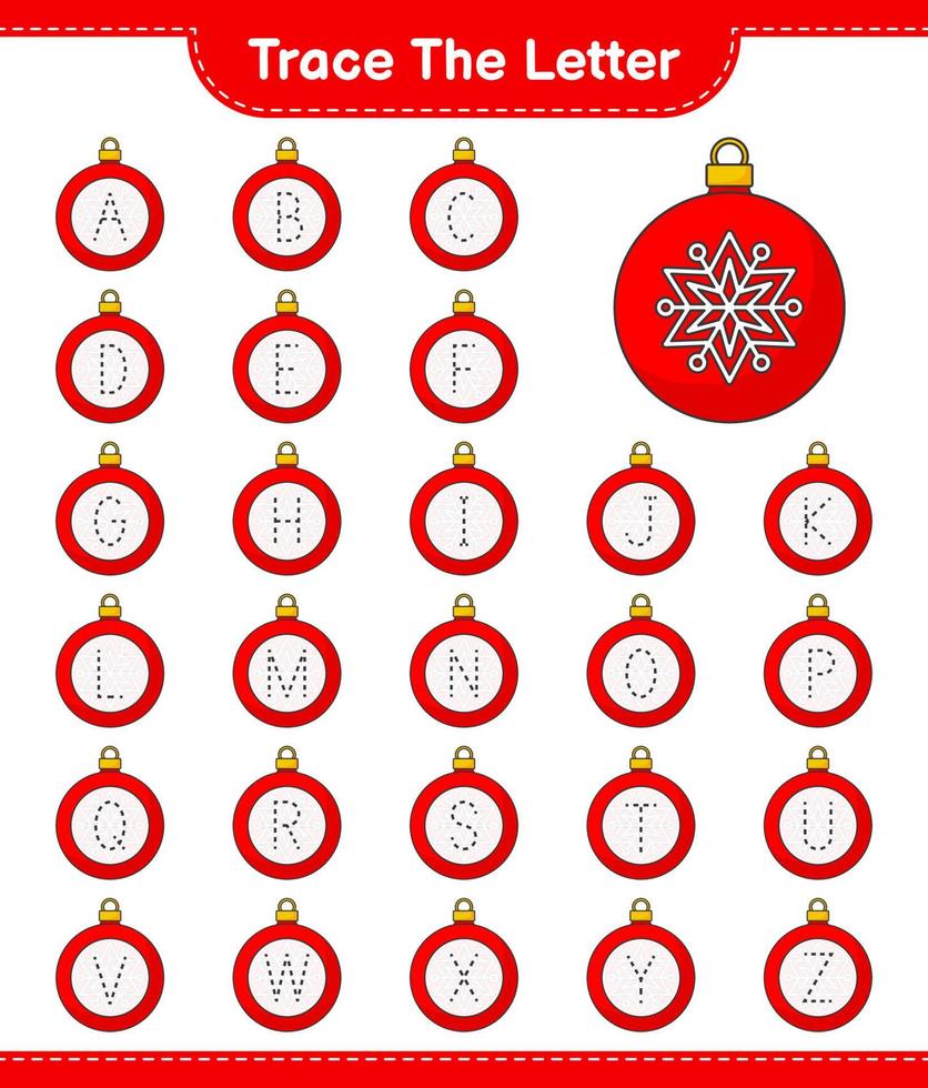 tracer la lettre. traçage alphabet lettre avec boule de noël. jeu éducatif pour enfants, feuille de calcul imprimable, illustration vectorielle vecteur