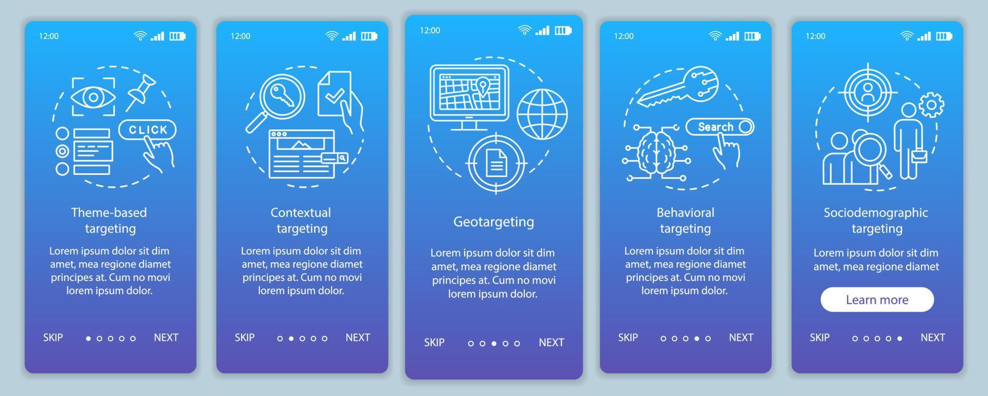 types de ciblage modèle de vecteur d'écran de page d'application mobile d'intégration de dégradé bleu. étapes du site Web de la publicité ciblée avec des illustrations linéaires. concept d'interface de smartphone ux, ui, gui