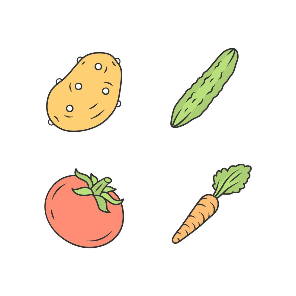 jeu d'icônes de couleur de légumes. pomme de terre, concombre, tomate, carotte. vitamine et diététique. ingrédient nutritionnel sain. plante agricole. ferme maraîchère. la nourriture végétarienne. illustrations vectorielles isolées vecteur