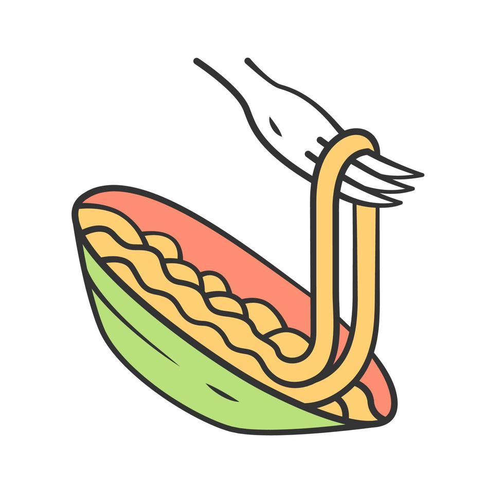 pâtes sur l'icône de couleur de fourche. spaghettis, macaronis, nouilles. repas bio. cuisine italienne traditionnelle. alimentation naturelle. restaurant, carte de café. vaisselle de cuisine. illustration vectorielle isolée vecteur