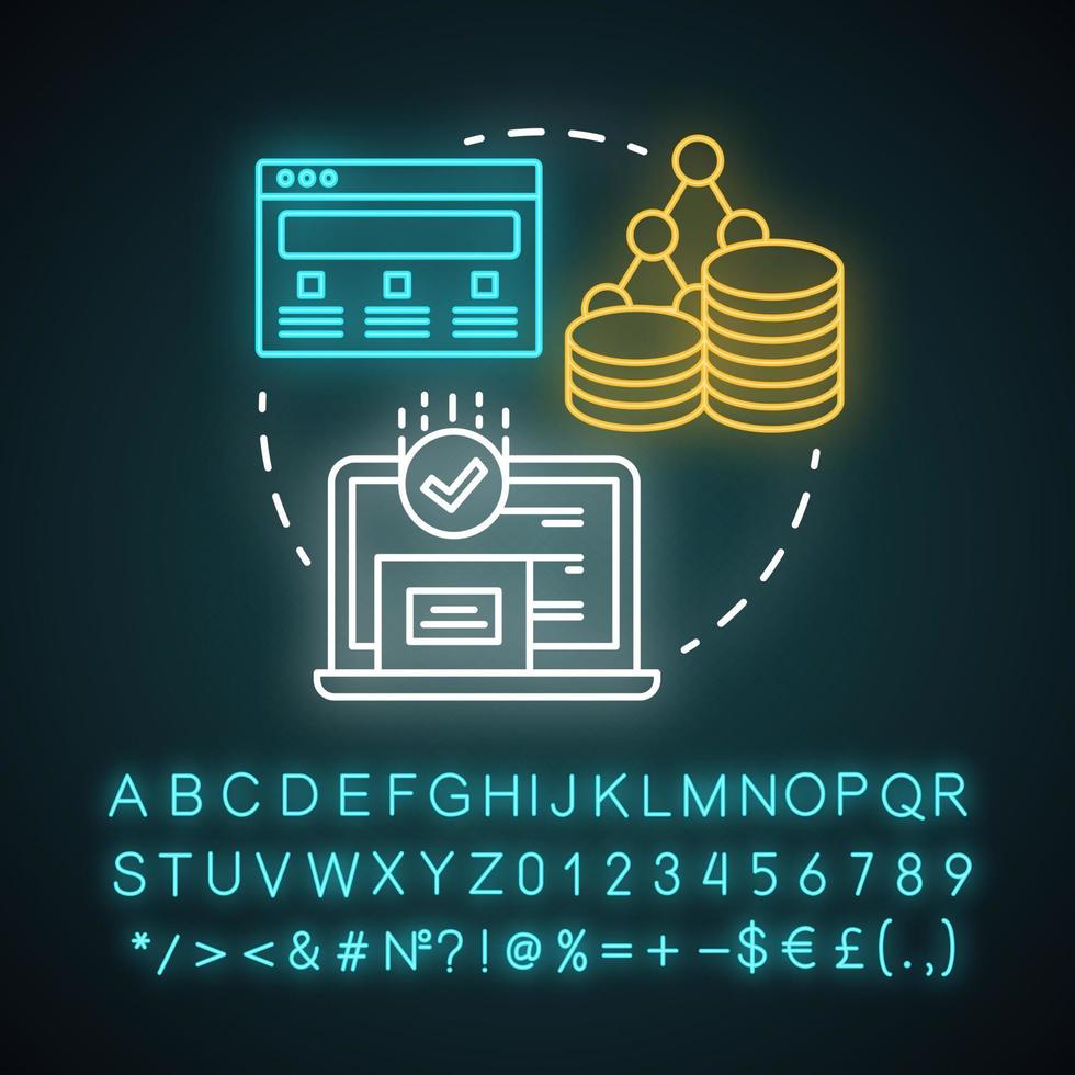 icône de concept de lumière néon de logiciel multiplateforme. programmation adaptative, idée de développement d'applications réactives. signe lumineux avec alphabet, chiffres et symboles. illustration vectorielle isolée vecteur