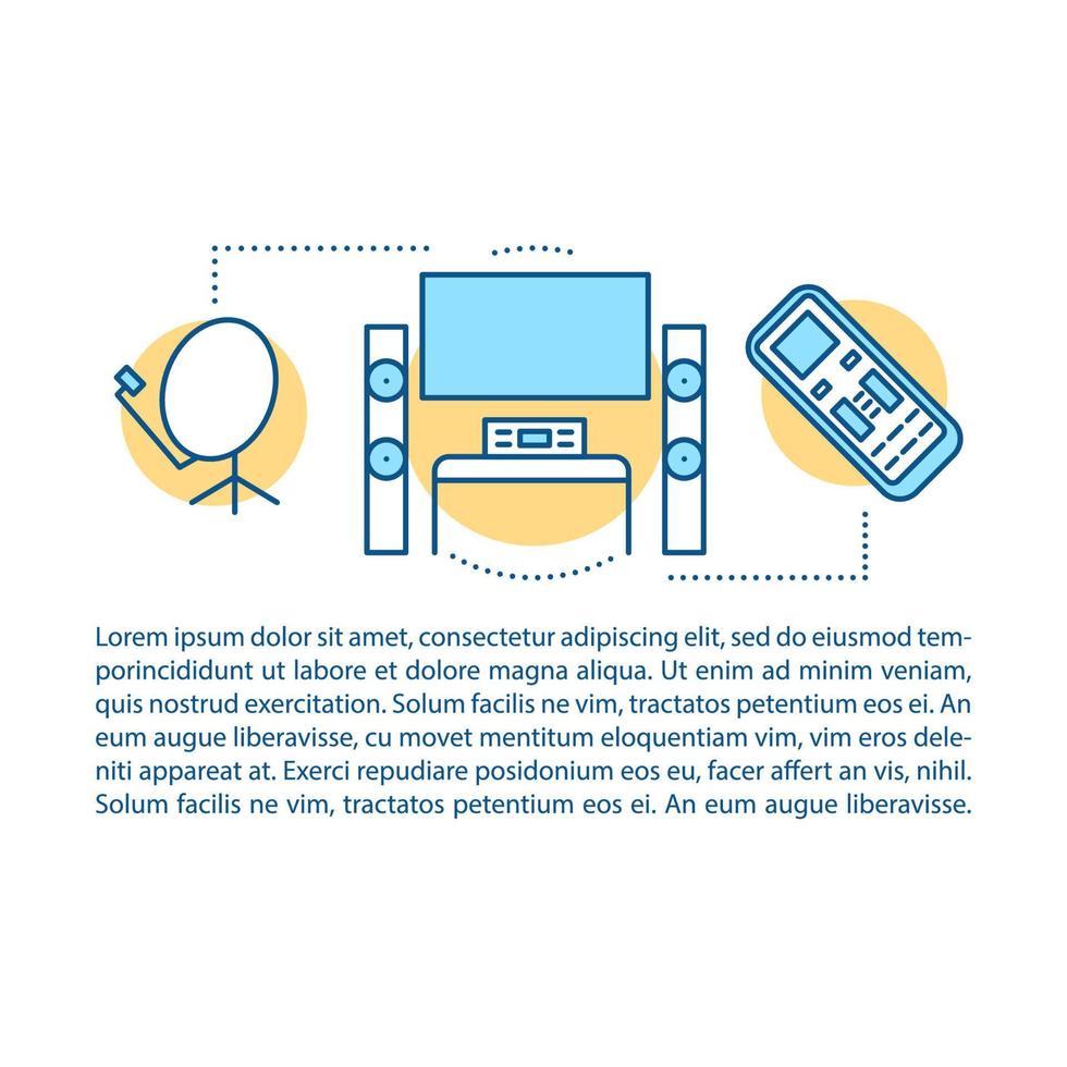 modèle de vecteur de page d'article d'installation de divertissement à domicile. brochure, magazine, élément de conception de livret avec icônes linéaires et zones de texte. design d'impression. illustrations de concept avec espace de texte