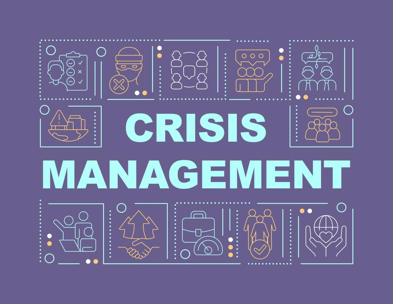 concepts de mots de gestion de crise bannière violette. résoudre les problèmes de relations publiques. infographie avec des icônes sur fond de couleur. typographie isolée. illustration vectorielle avec texte. vecteur