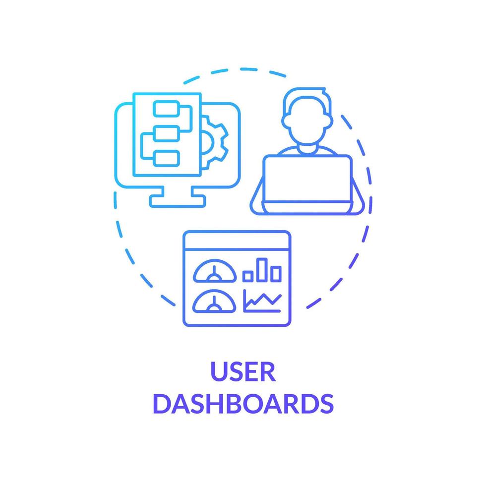 icône de concept de dégradé bleu des tableaux de bord utilisateur. analyse d'activité. caractéristique de l'illustration de la ligne mince de l'idée abstraite du lieu de travail en ligne. dessin de contour isolé. vecteur