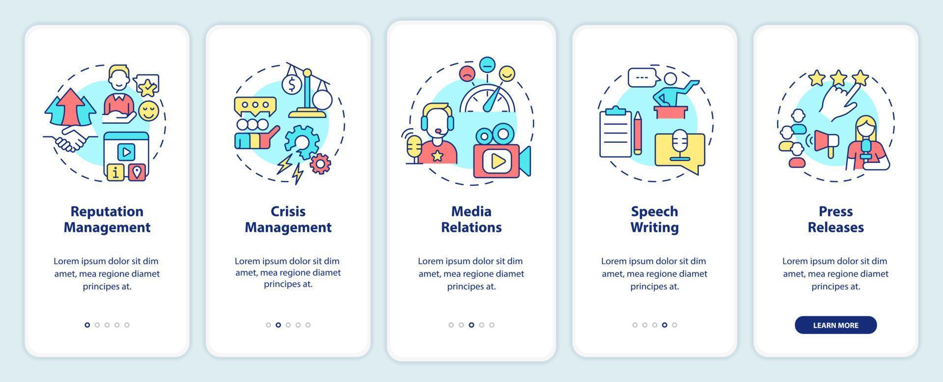 écran d'application mobile d'intégration des types de services pr. Procédure pas à pas de promotion commerciale 5 étapes pages d'instructions graphiques avec des concepts linéaires. ui, ux, modèle d'interface graphique. vecteur