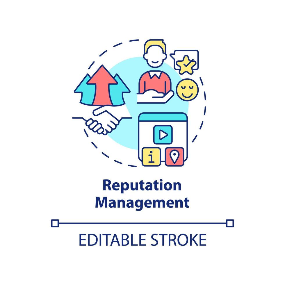 icône de concept de gestion de la réputation. solution pour les entreprises. illustration de la ligne mince de l'idée abstraite du service pr. dessin de contour isolé. trait modifiable. vecteur