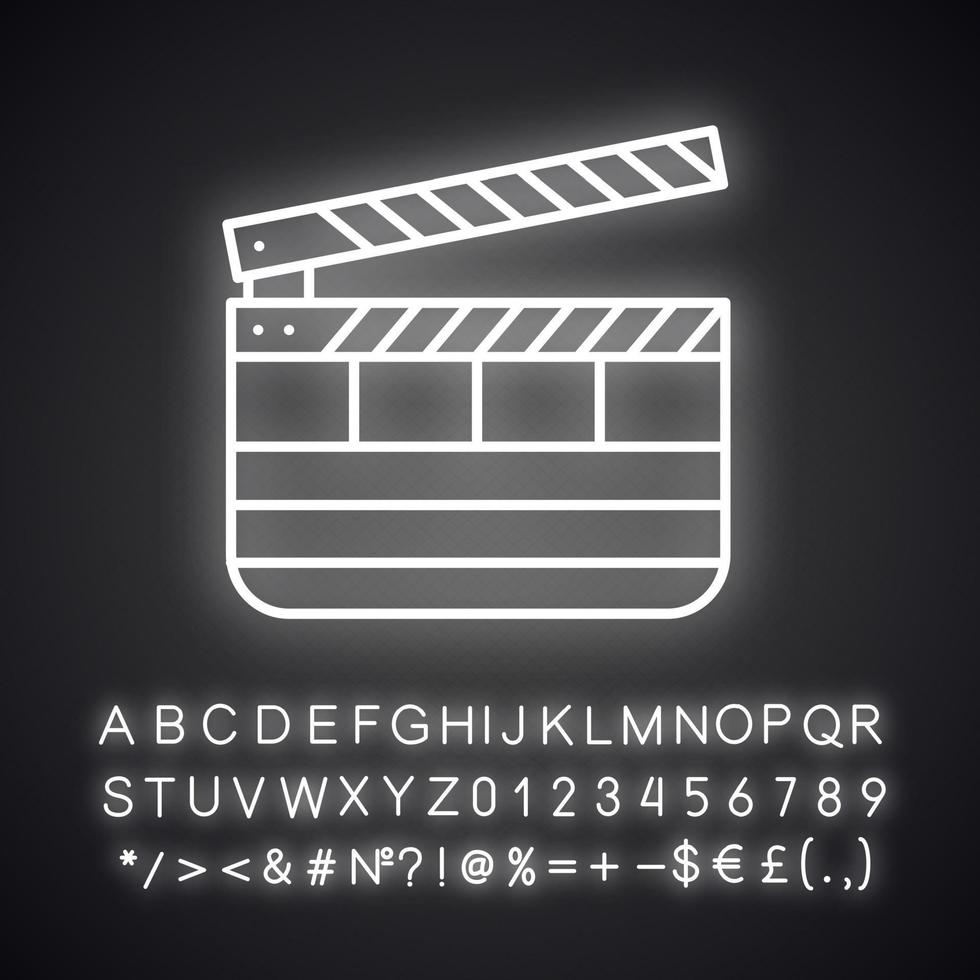 icône de néon clap. ardoise de code temporel. signe lumineux avec alphabet, chiffres et symboles. illustration vectorielle isolée vecteur