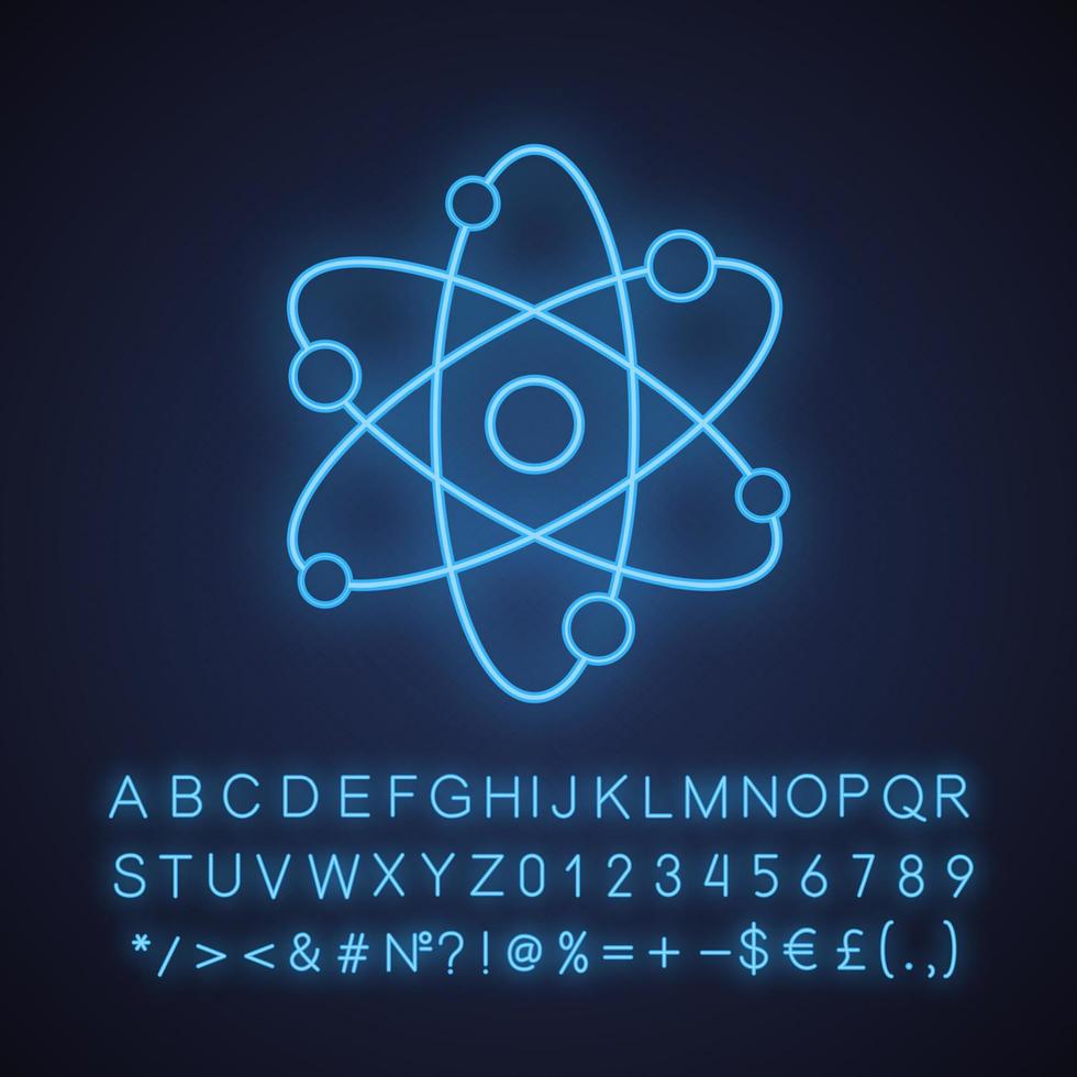 icône de néon de structure d'atome. la physique. signe lumineux avec alphabet, chiffres et symboles. modèle atomique. proton, électron, neutron. illustration vectorielle isolée vecteur