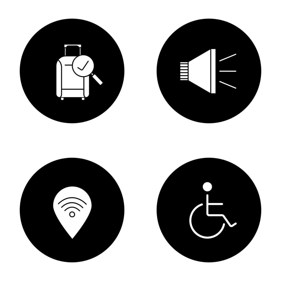 ensemble d'icônes de glyphe de service d'aéroport. bagages enregistrés, mégaphone, personne en fauteuil roulant, zone wifi. illustrations de silhouettes blanches vectorielles dans les cercles noirs vecteur