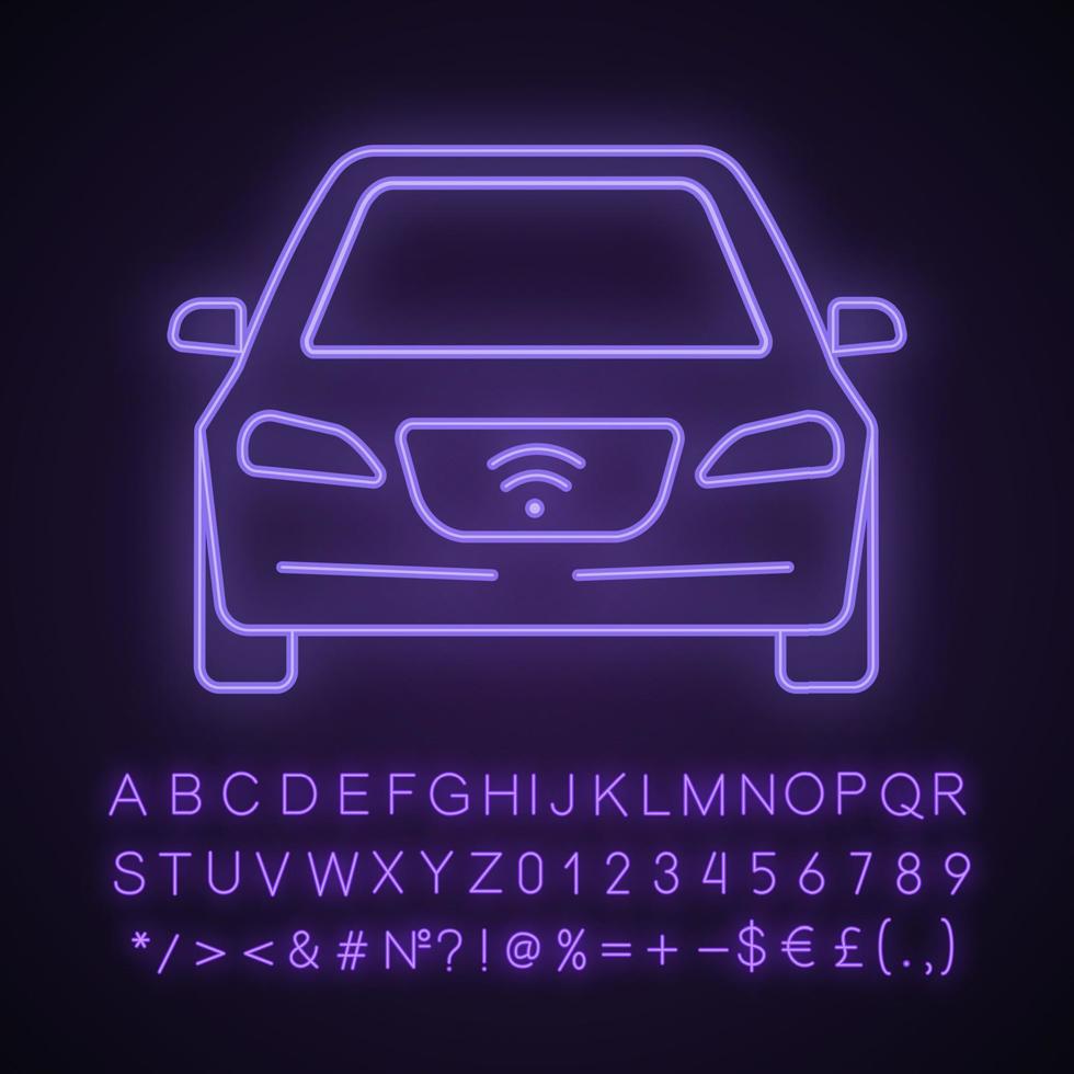 icône de néon de voiture intelligente. nfc automatique. véhicule intelligent. automobile autonome. voiture autonome. véhicule sans conducteur. signe lumineux avec alphabet, chiffres et symboles. illustration vectorielle isolée vecteur