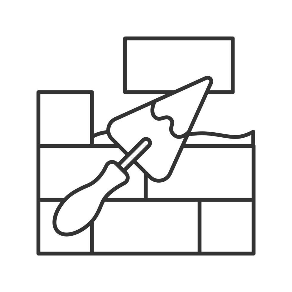 mur de briques avec icône linéaire de pelle triangulaire. illustration de la ligne mince. couteau à mastic, spatule. solution de ciment. symbole de contour. dessin de contour isolé de vecteur
