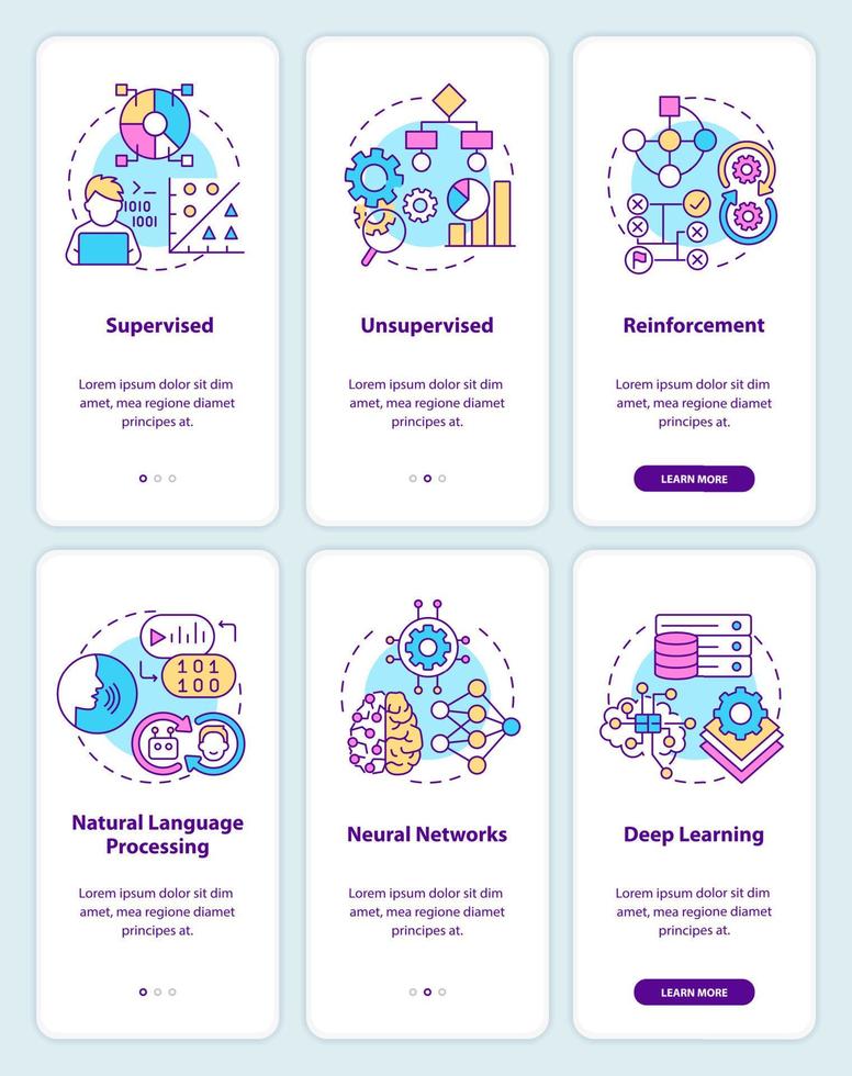 ensemble d'écrans d'application mobile d'intégration du système d'intelligence artificielle. pages d'instructions graphiques en 3 étapes avec des concepts linéaires. ui, ux, modèle d'interface graphique. vecteur