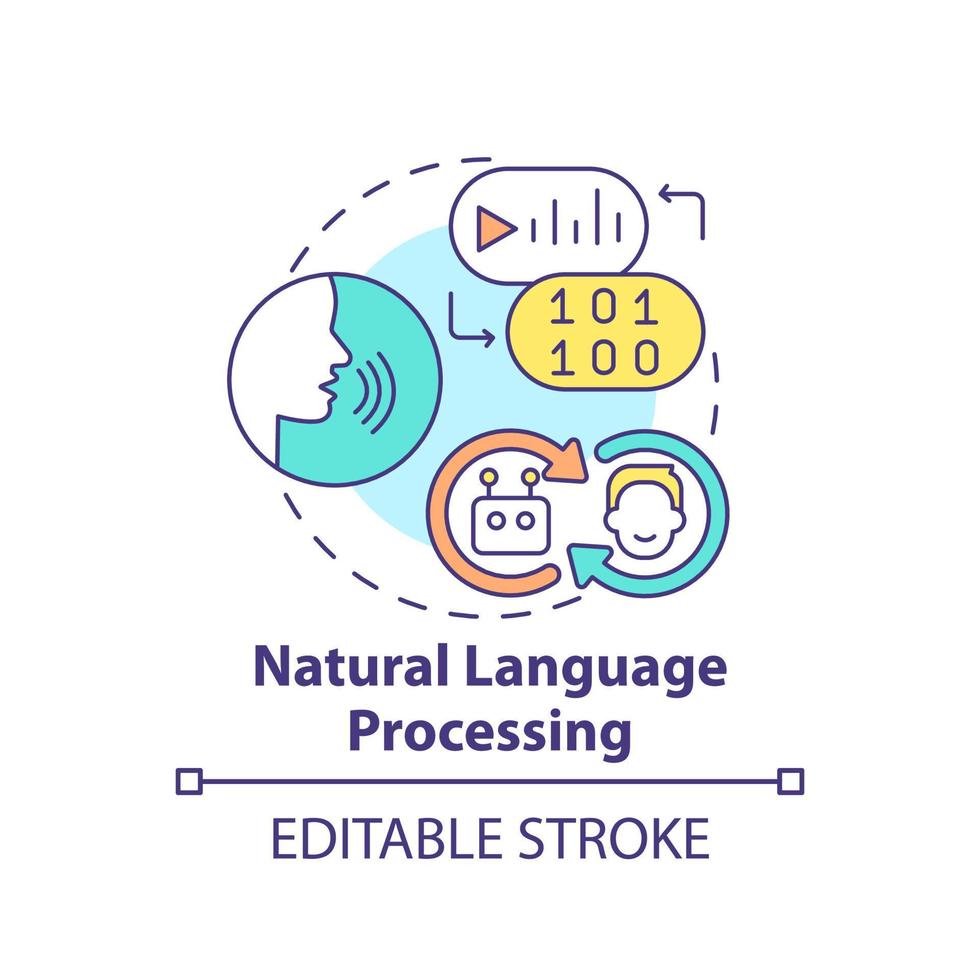 icône de concept de traitement du langage naturel. la communication. domaine de l'illustration de la ligne mince de l'idée abstraite de l'apprentissage automatique. dessin de contour isolé. trait modifiable. vecteur