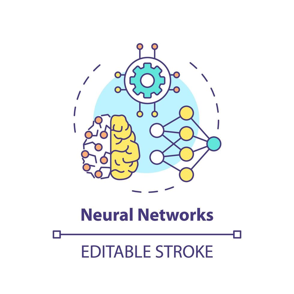 icône de concept de réseaux de neurones. nœuds interconnectés. domaine de l'illustration de la ligne mince de l'idée abstraite de l'apprentissage automatique. dessin de contour isolé. trait modifiable. vecteur