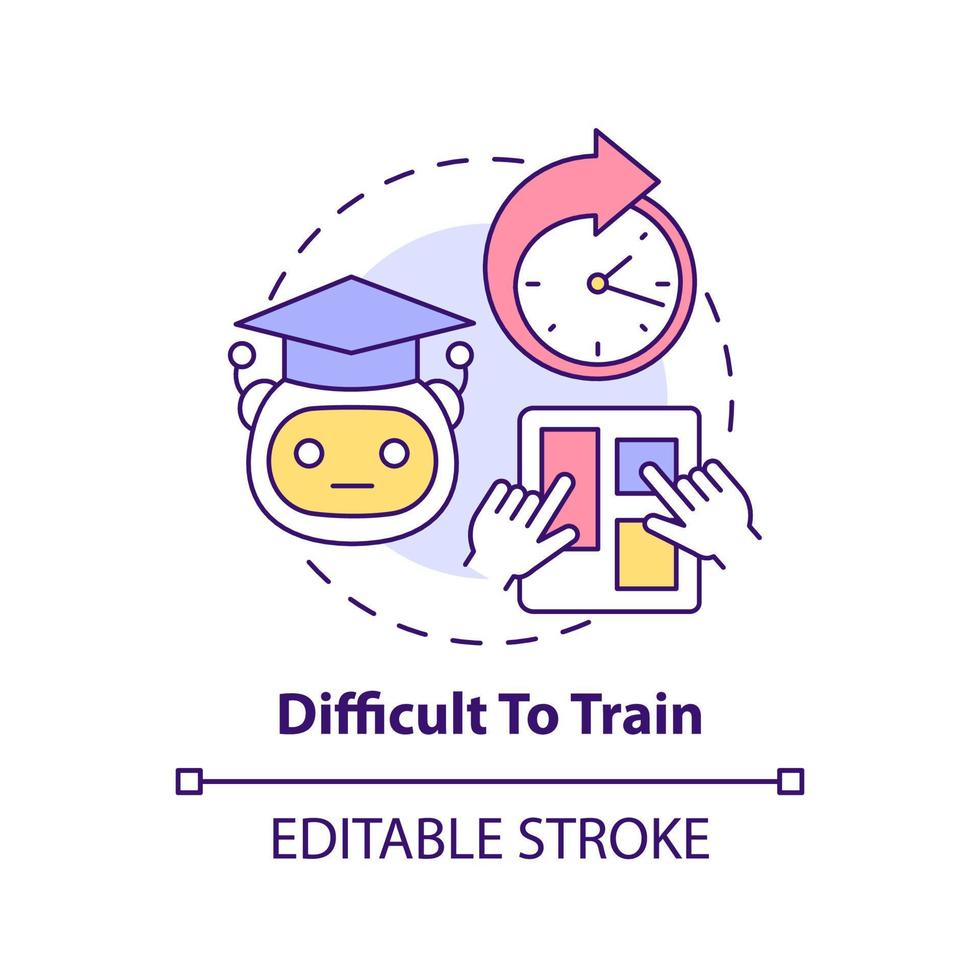 icône de concept difficile à former. formation manuelle. inconvénient de l'illustration de la ligne mince de l'idée abstraite de l'apprentissage automatique. dessin de contour isolé. trait modifiable. vecteur