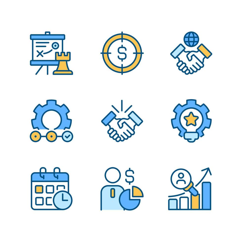 activités commerciales jeu d'icônes de couleur rvb parfaite pixel. gestion stratégique. illustrations vectorielles isolées. collection de dessins au trait remplis simples. trait modifiable. vecteur