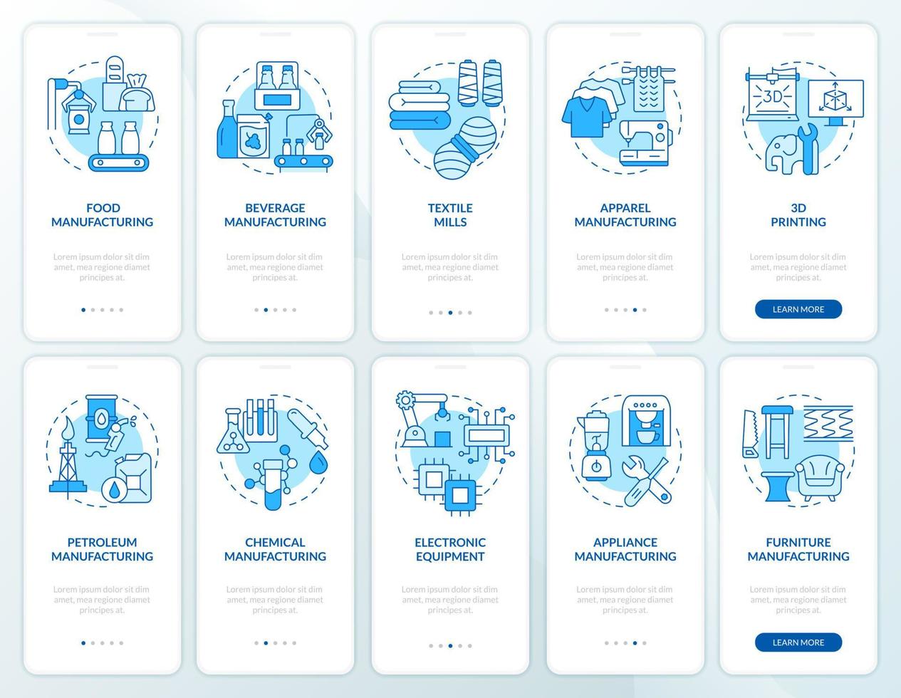 démarrage de l'entreprise de fabrication ensemble d'écrans d'application mobile d'intégration bleu. pas à pas en 5 étapes pages d'instructions graphiques avec des concepts linéaires. ui, ux, modèle d'interface graphique. vecteur