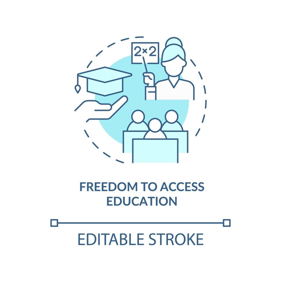 icône de concept turquoise de liberté d'accès à l'éducation. obtenir des connaissances. illustration de la ligne mince de l'idée abstraite du droit des réfugiés. dessin de contour isolé. trait modifiable. vecteur