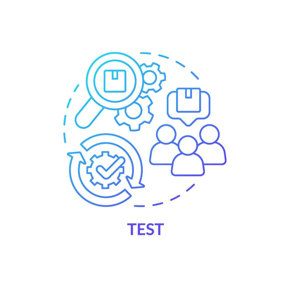 tester l'icône de concept de dégradé bleu. rechercher les qualités du produit dans le travail. processus de réflexion sur la conception illustration de la ligne mince de l'idée abstraite. dessin de contour isolé. vecteur