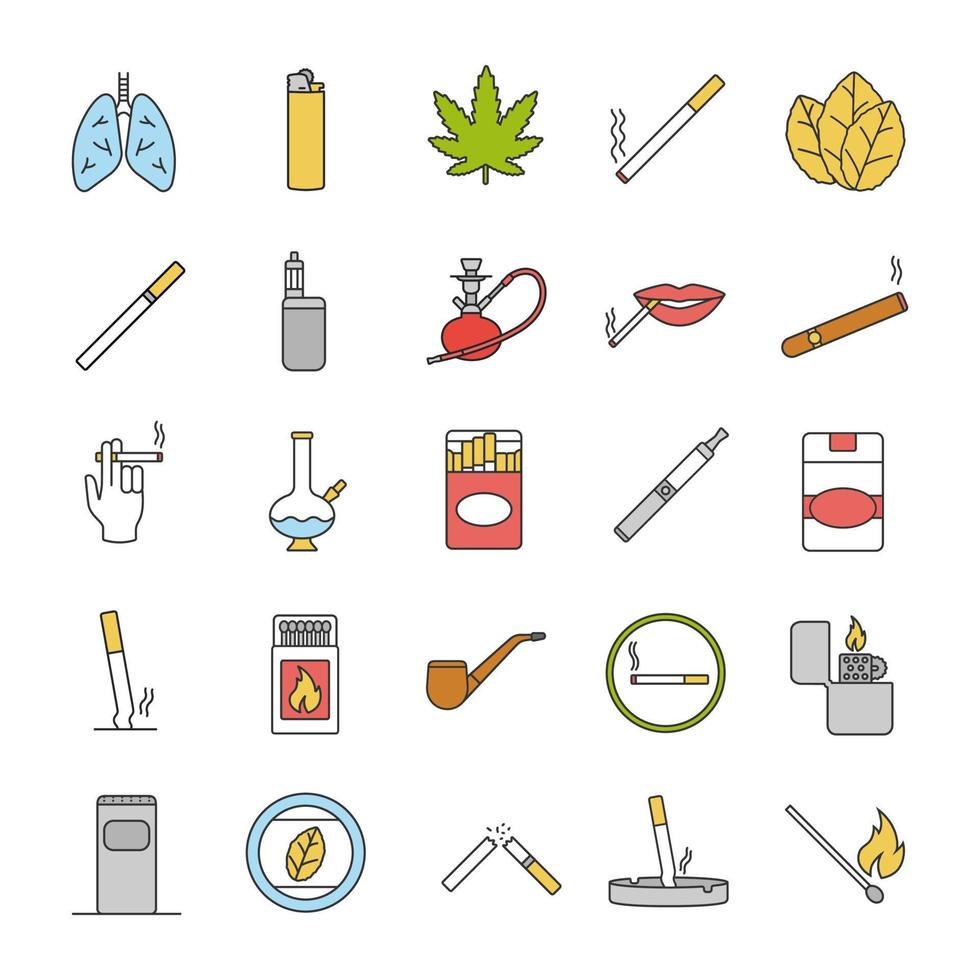 jeu d'icônes de couleur de fumer. cigarettes, appareils à fumer, culture du cannabis. illustrations vectorielles isolées vecteur