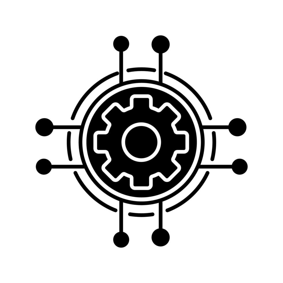 icône de glyphe de paramètres numériques. le progrès technologique et l'innovation. symbole de la silhouette. équipement. apprentissage automatique. roue dentée dans les voies du chipset. espace négatif. illustration vectorielle isolée vecteur