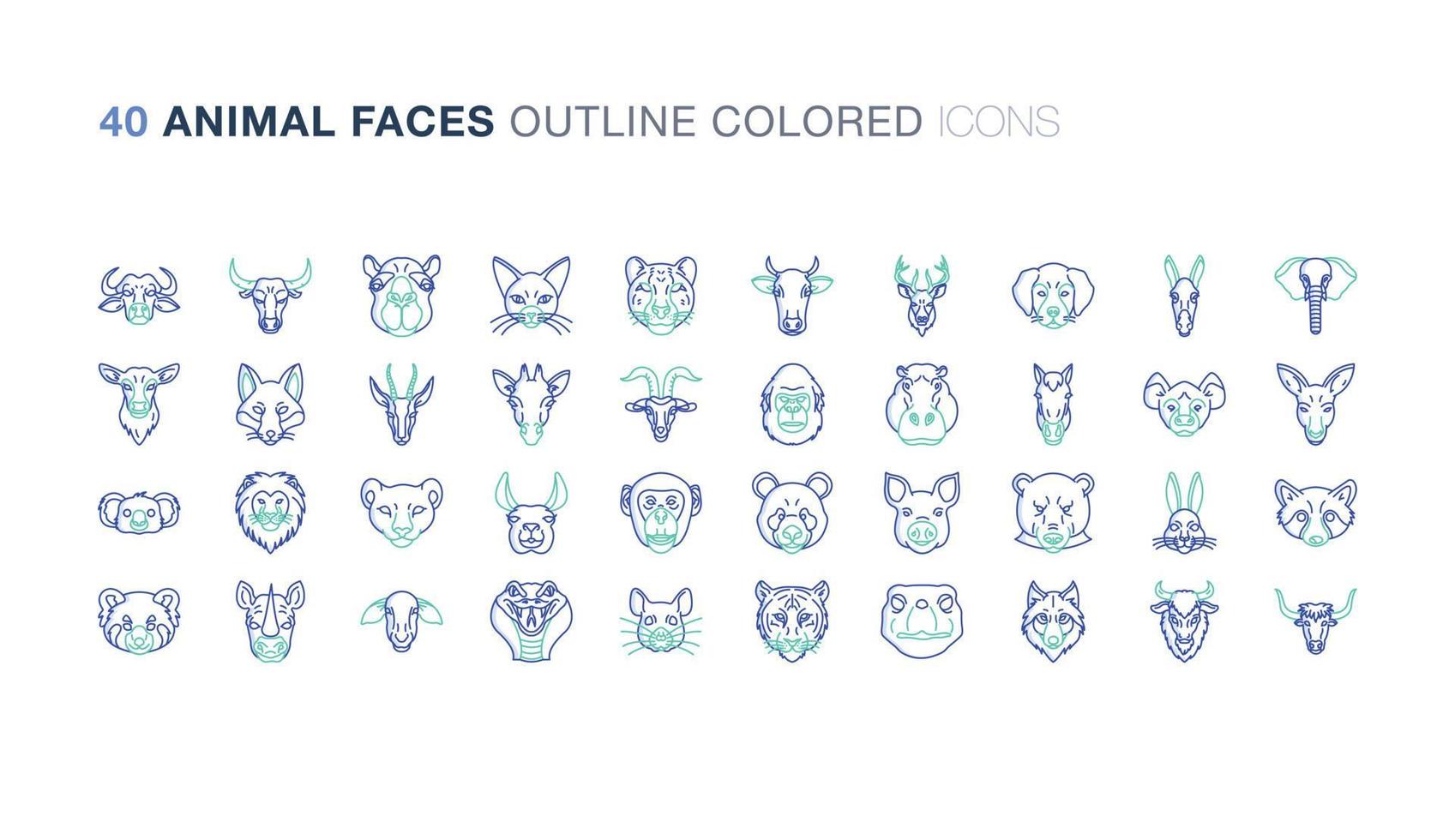 ensemble d'icônes colorées de contour de visages d'animaux vecteur