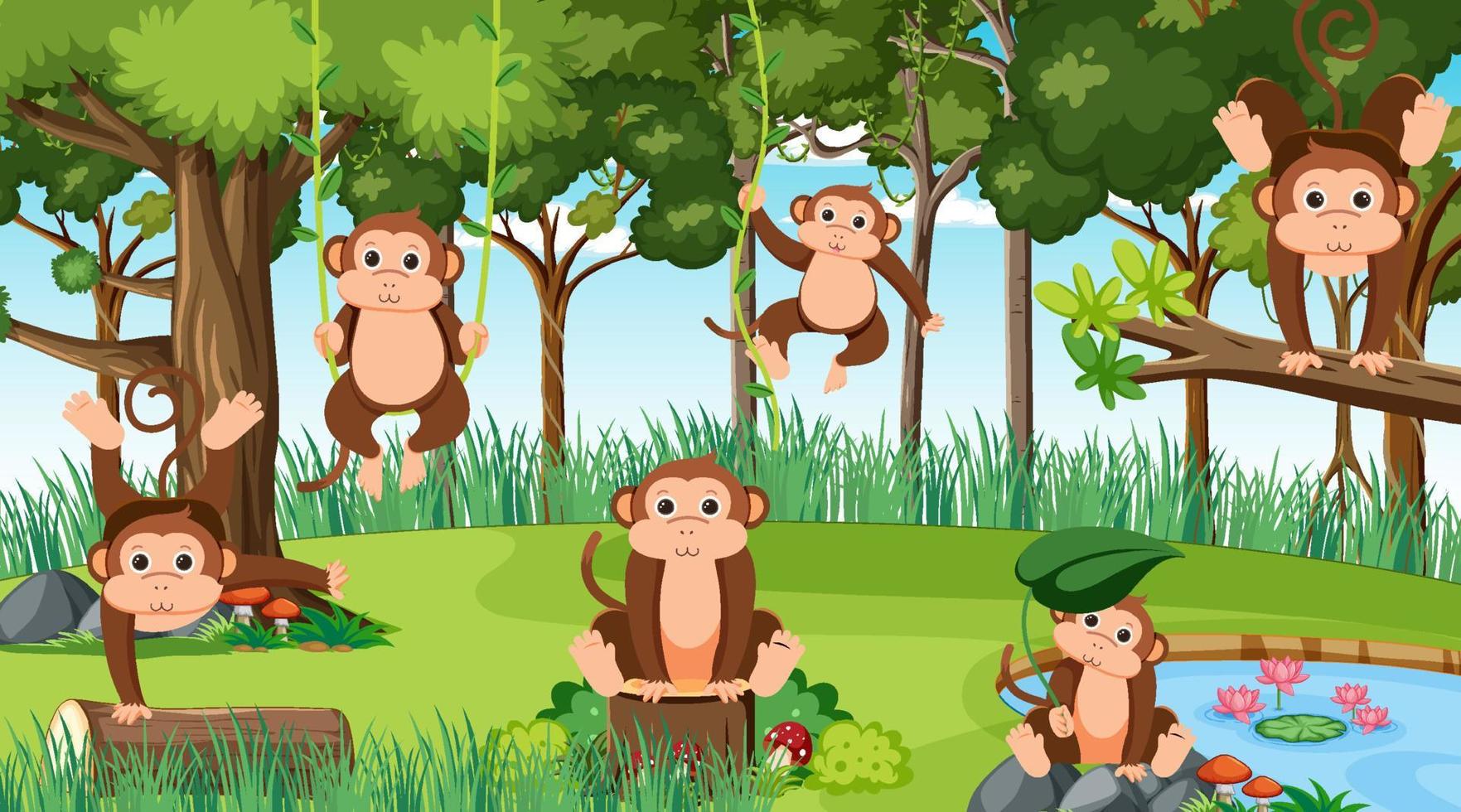 singes dans la scène de la jungle vecteur