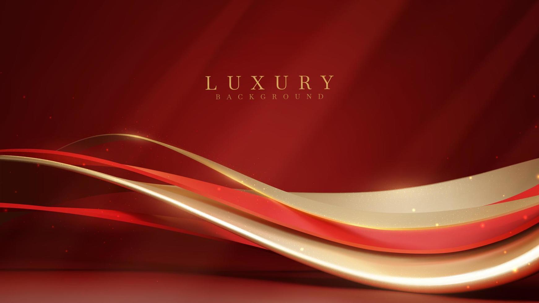 fond de luxe rouge avec décoration courbe dorée avec éléments à effet de lumière scintillante et bokeh. vecteur